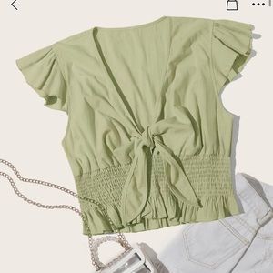 Plus Tie Front Ruffle Trim Shirred Top